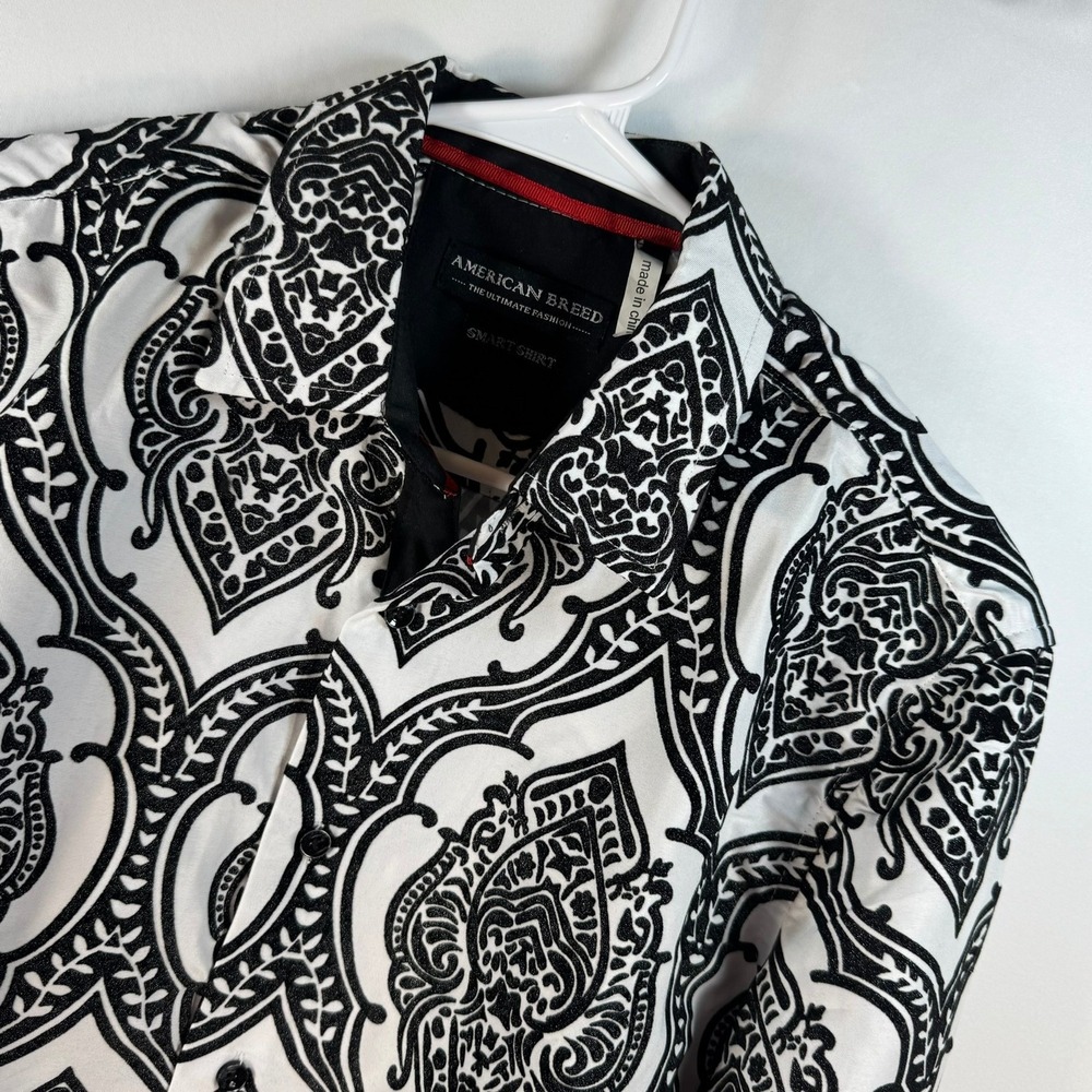 American Breed Mens Smart Shirt Black White Damask Paisley Button Down Medium